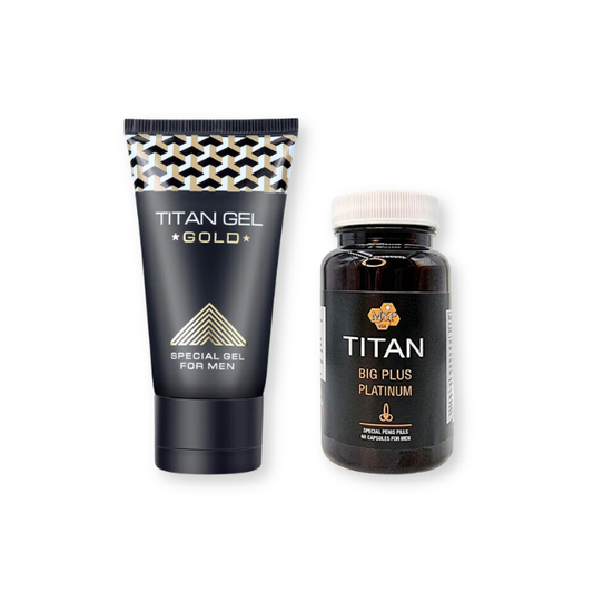 Pachet pentru bărbați: Gel Titan Gold, 50 ml + Capsule Titan Big Plus Platinum, 60 buc