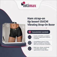 Ham strap-on tip boxeri OUCH! Vibrating Strap-On Boxer, compatibil cu majoritatea dildo-urilor, vibrator bullet inclus, negru, mărime M/L
