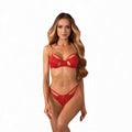 Lenjerie sexy 2 piese OBSESSIVE Matildea, sutien și chilot tanga crotchless, din dantelă, cu decupaje, culoare roșu, mărime S/M