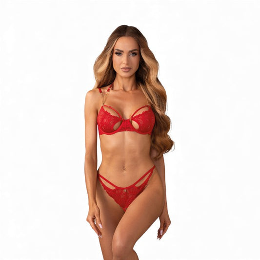 Lenjerie sexy 2 piese OBSESSIVE Matildea, sutien și chilot tanga crotchless, din dantelă, cu decupaje, culoare roșu, mărime S/M