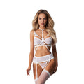 Set 3 piese OBSESSIVE Premisis White, sutien cu decupaj, chilot sexy crotchless + portjartier, choker cu bretele ajustabile, culoare alb, mărime S/M