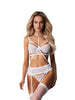 Set 3 piese OBSESSIVE Premisis White, sutien cu decupaj, chilot sexy crotchless + portjartier, choker cu bretele ajustabile, culoare alb, mărime S/M