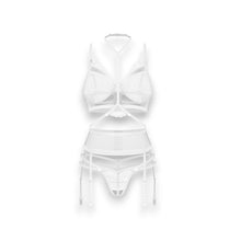 Set 3 piese OBSESSIVE Premisis White, sutien cu decupaj, chilot sexy crotchless + portjartier, choker cu bretele ajustabile, culoare alb, mărime S/M