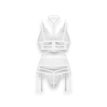Set 3 piese OBSESSIVE Premisis White, sutien cu decupaj, chilot sexy crotchless + portjartier, choker cu bretele ajustabile, culoare alb, mărime S/M