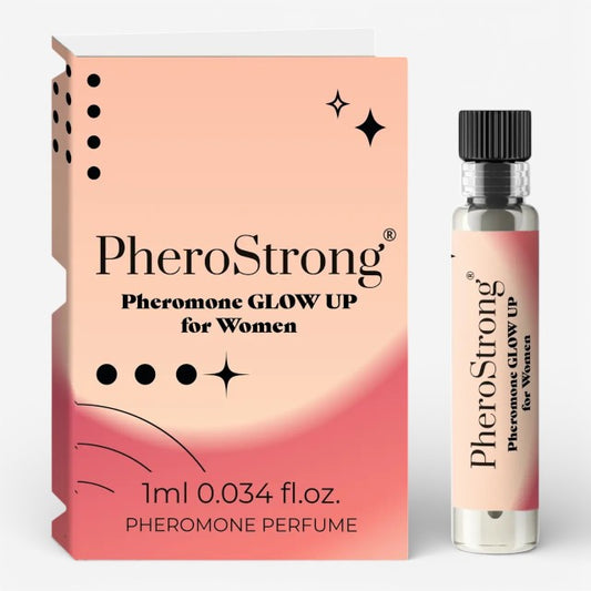Mostră parfum cu feromoni PHEROSTRONG Pheromone Glow up Women, pentru femei, cu note de piersică, bujor, floare de portocal, mosc, 1 ml