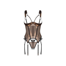 Lenjerie sexy 2 piese OBSESSIVE Soranna, corset + tanga crotchless, din plasă, transparent, reflexe aurii, mărime S/M