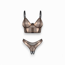 Lenjerie sexy 2 piese OBSESSIVE Soranna, top + tanga crotchless, din plasă, transparent, reflexe aurii, mărime L/XL