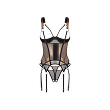 Lenjerie sexy 2 piese OBSESSIVE Soranna, corset + tanga crotchless, din plasă, transparent, reflexe aurii, mărime S/M