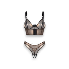 Lenjerie sexy 2 piese OBSESSIVE Soranna, top + tanga crotchless, din plasă, transparent, reflexe aurii, mărime L/XL