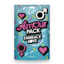 Set erotic AMOUR PACK Embrace Love, cu stimulator, inel pentru penis vibrator, mască, cătușe, zaruri, pană pentru stimulare și petale, pentru cupluri