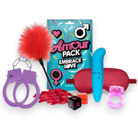 Set erotic AMOUR PACK Embrace Love, cu stimulator, inel pentru penis vibrator, mască, cătușe, zaruri, pană pentru stimulare și petale, pentru cupluri