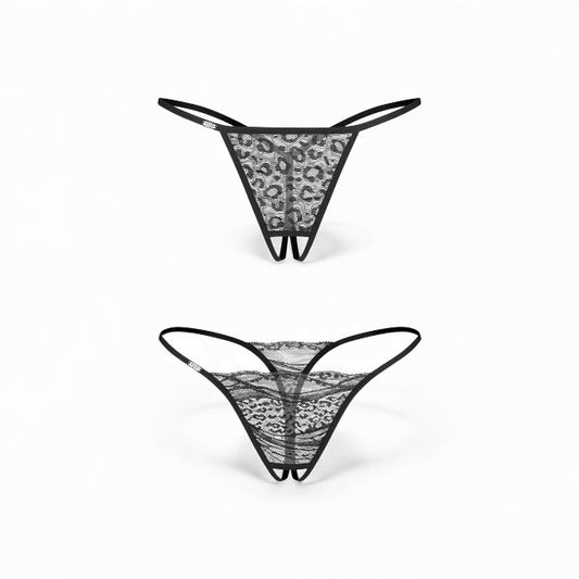 Set 2 chiloți sexy OBSESSIVE Bianca, design crotchless, model dantelă și animal print, culoare negru, mărime S/M