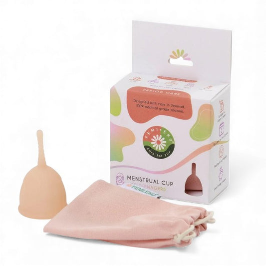 Cupe menstruale FEMI.EKO® Teen, din silicon medical, protecție până la 12 ore, mărime XS, bej