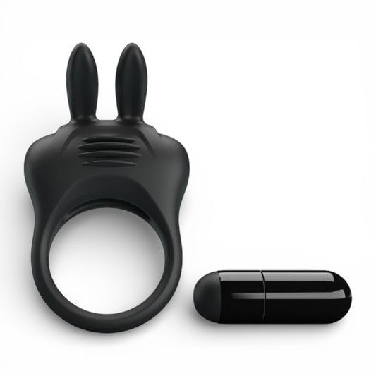 Inel pentru penis PRETTY LOVE Davion Rabbit, cu vibrator bullet inclus, din silicon, diametru 3 cm, negru