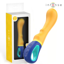 Vibrator INTENSE SHAGGY, design curbat pentru stimularea punctului G, rezistent la apă, lungime inserabilă 12.7 cm, galben cu albastru