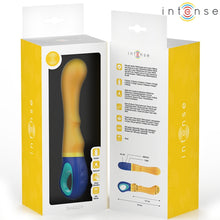 Vibrator INTENSE SHAGGY, design curbat pentru stimularea punctului G, rezistent la apă, lungime inserabilă 12.7 cm, galben cu albastru