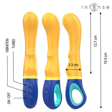 Vibrator INTENSE SHAGGY, design curbat pentru stimularea punctului G, rezistent la apă, lungime inserabilă 12.7 cm, galben cu albastru