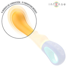 Vibrator INTENSE SHAGGY, design curbat pentru stimularea punctului G, rezistent la apă, lungime inserabilă 12.7 cm, galben cu albastru