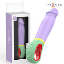 Vibrator INTENSE VELMA, din silicon de înaltă calitate, 9 funcții de vibrație, rezistent la apă IPX7, lungime inserabilă 12.6 cm, mov cu verde