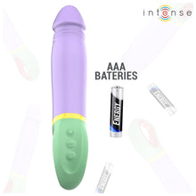 Vibrator INTENSE VELMA, din silicon de înaltă calitate, 9 funcții de vibrație, rezistent la apă IPX7, lungime inserabilă 12.6 cm, mov cu verde