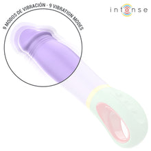 Vibrator INTENSE VELMA, din silicon de înaltă calitate, 9 funcții de vibrație, rezistent la apă IPX7, lungime inserabilă 12.6 cm, mov cu verde