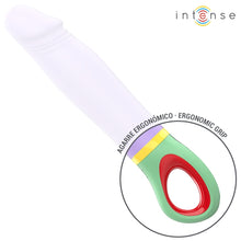 Vibrator INTENSE VELMA, din silicon de înaltă calitate, 9 funcții de vibrație, rezistent la apă IPX7, lungime inserabilă 12.6 cm, mov cu verde