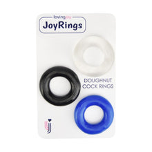 Set 3 inele pentru penis LOVING JOY Doughnut Cock Rings, din TPR, diametru 1.6 cm, culori albastru, alb și negru