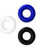 Set 3 inele pentru penis LOVING JOY Doughnut Cock Rings, din TPR, diametru 1.6 cm, culori albastru, alb și negru