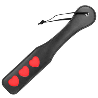 Paleta KINK - HEART, pentru jocuri erotice BDSM, din piele cu inimioare, negru/rosu, 32 X 6 CM