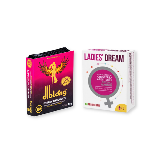 Pachet pentru femei: Capsule afrodisiace LADIES DREAM, 2 buc + Ciocolată afrodisiacă femei DIBLONG CHOCOLATE, 24 g