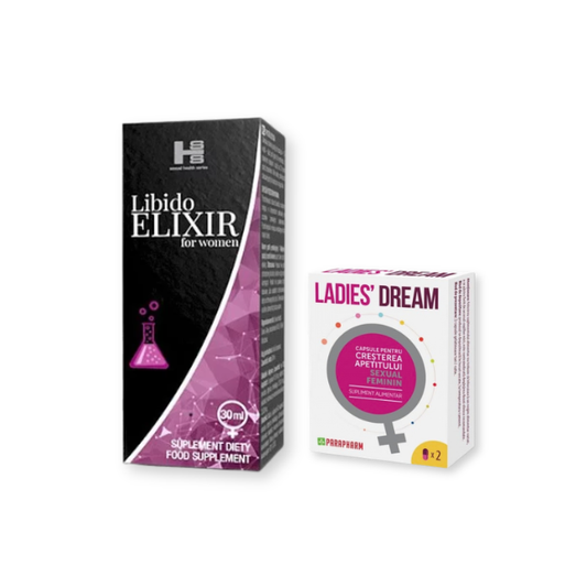 Pachet pentru femei: Capsule afrodisiace LADIES DREAM, 2 buc + Picaturi Libido Elixir For Women, 30 ml