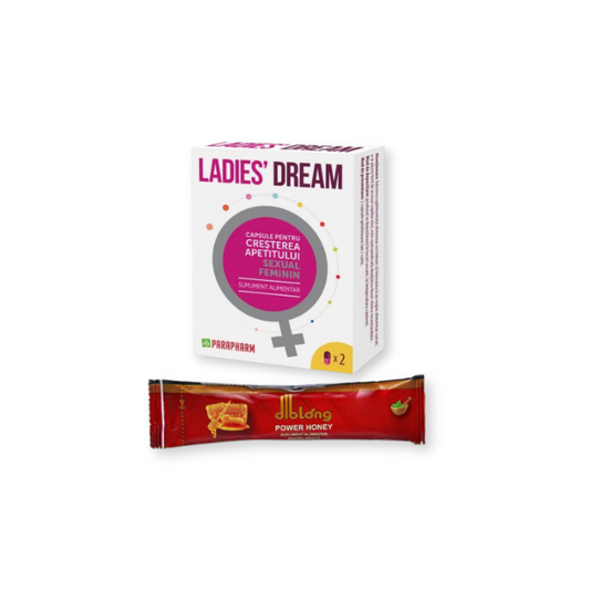 Pachet pentru femei: Capsule afrodisiace LADIES DREAM, 2 buc + Supliment alimentar cu miere DIBLONG Power Honey, 15g, 1 plic