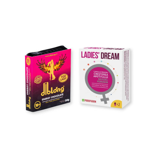 Pachet pentru femei: Capsule afrodisiace LADIES DREAM, 2 buc + Ciocolată afrodisiacă femei DIBLONG CHOCOLATE, 24 g