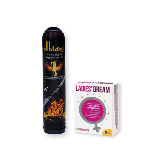 Pachet pentru cupluri: Capsule afrodisiace LADIES DREAM, 2 buc + Lubrifiant pe bază de apă DIBLONG, 125 ml