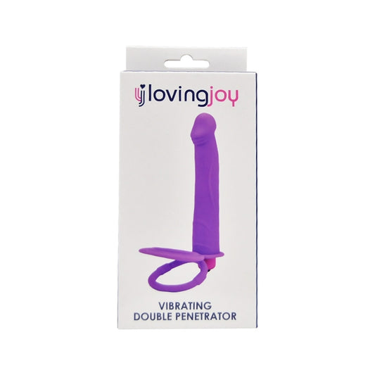 Inel dublu pentru penis cu dildo LOVING JOY Vibrating Double Penetrator, pentru dublă penetrare, 7 funcții de vibrație, mov