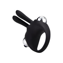 Inel vibrator pentru penis LOVING JOY Rabbit Cock Ring, pentru stimularea erecției, din silicon, cu urechi de iepuraș, negru