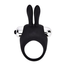 Inel vibrator pentru penis LOVING JOY Rabbit Cock Ring, pentru stimularea erecției, din silicon, cu urechi de iepuraș, negru