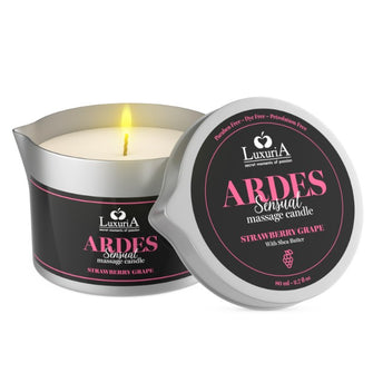 Lumânare pentru masaj LUXURIA Ardes Sensual - Strawberry Grape, cu unt de shea, aromă de căpșuni și struguri, 80 ml