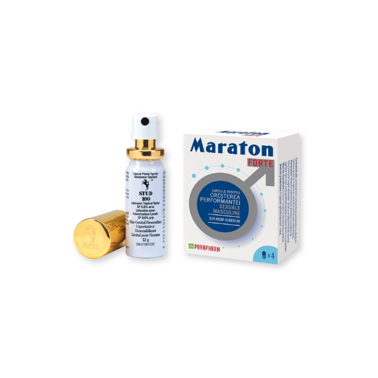 Pachet pentru bărbați: Capsule afrodisiace MARATON FORTE, 4 buc + Spray Delay STUD 100 Original, 12 ml