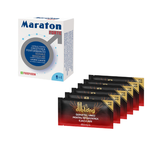 Pachet pentru bărbați: Capsule afrodisiace MARATON FORTE, 4 buc + Șervețele DIBLONG Delay Towel, 6 buc