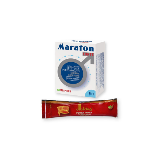 Pachet pentru bărbați: Capsule afrodisiace MARATON FORTE, 4 buc + Supliment alimentar cu miere DIBLONG Power Honey, 15g, 1 plic