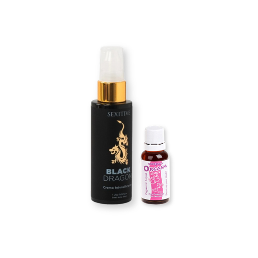 Pachet pentru cupluri: Picaturi afrodisiace Orgasm Drops, 30 ml + Cremă intimă pentru cupluri Sexitive Black Dragon, 50 ml