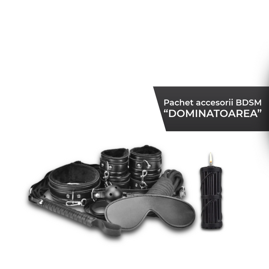 Pachet accesorii bondage "DOMINATOAREA", conține 8 accesorii BDSM și o lumânare pentru jocuri erotice