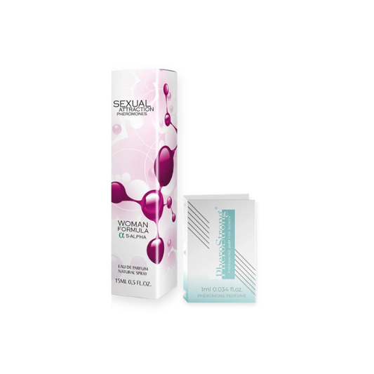 Pachet pentru femei: Parfum cu feromoni Sexual Attraction femei, 15 ml + Mostră parfum cu feromoni PHEROSTRONG Just For Women, 1 ml