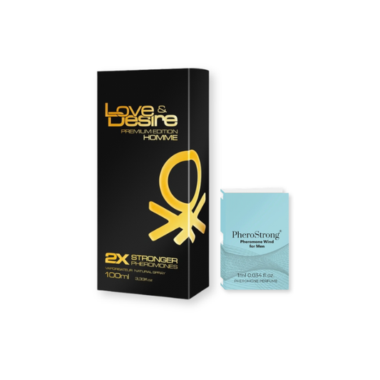 Pachet pentru bărbați: Parfum cu feromoni Love & Desire GOLD bărbați, 100 ml + Mostră parfum cu feromoni PHEROSTRONG Wind For Men, 1 ml