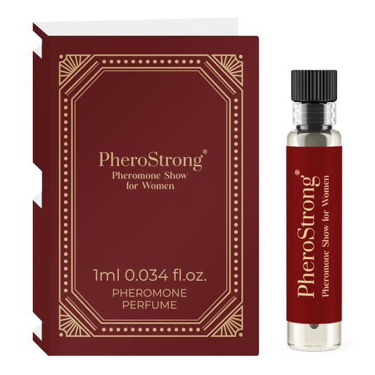 Mostră parfum cu feromoni PHEROSTRONG Show For Women, pentru femei, note de lichior, trandafir turcesc și scorțișoară, 1 ml