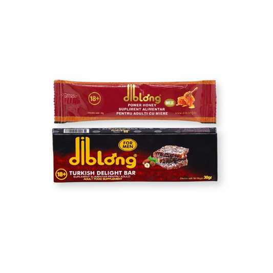 Pachet pentru cupluri: Supliment alimentar cu miere DIBLONG Power Honey, 10g, 1 buc + Supliment alimentar DIBLONG Turkish Delight for Man, 1 buc