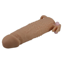 Manșon vibrator PRETTY LOVE Quillon, realist, cu striații și inel pentru testicule, bullet detașabil, din TPR flexibil, culoarea pielii, 20 cm
