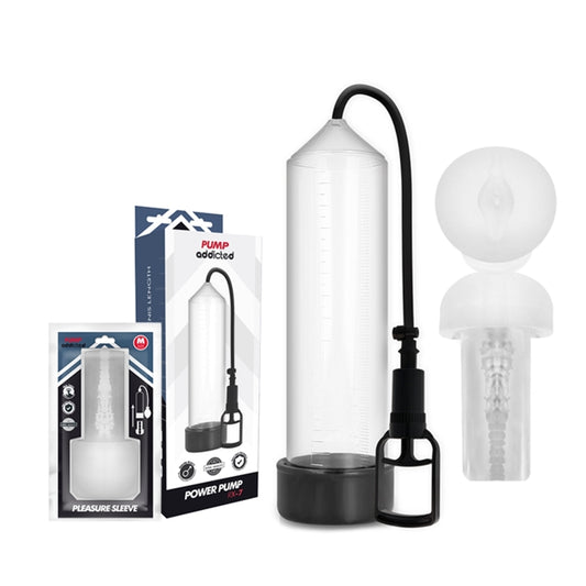 Pompa manuala PUMP ADDICTED - Power RX7, pentru marire penis si imbunatatire performante sexuale, cu masturbator, transparenta, 24 cm