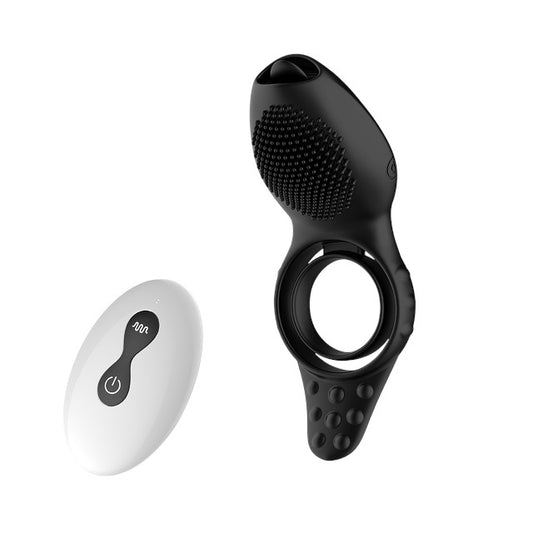 Inel pentru penis B-SERIES Penis Ring Licking Vibrations, cu telecomandă și stimulator cu funcție de simulare sex oral, negru